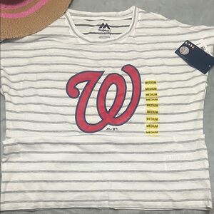 Majestic White & Red Striped Graphic Tee with Bold Script W